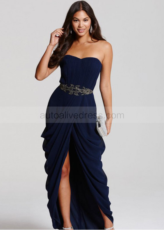 Navy Blue Chiffon Beads Sweetheart Neckline Bandeau Long Prom Dress 